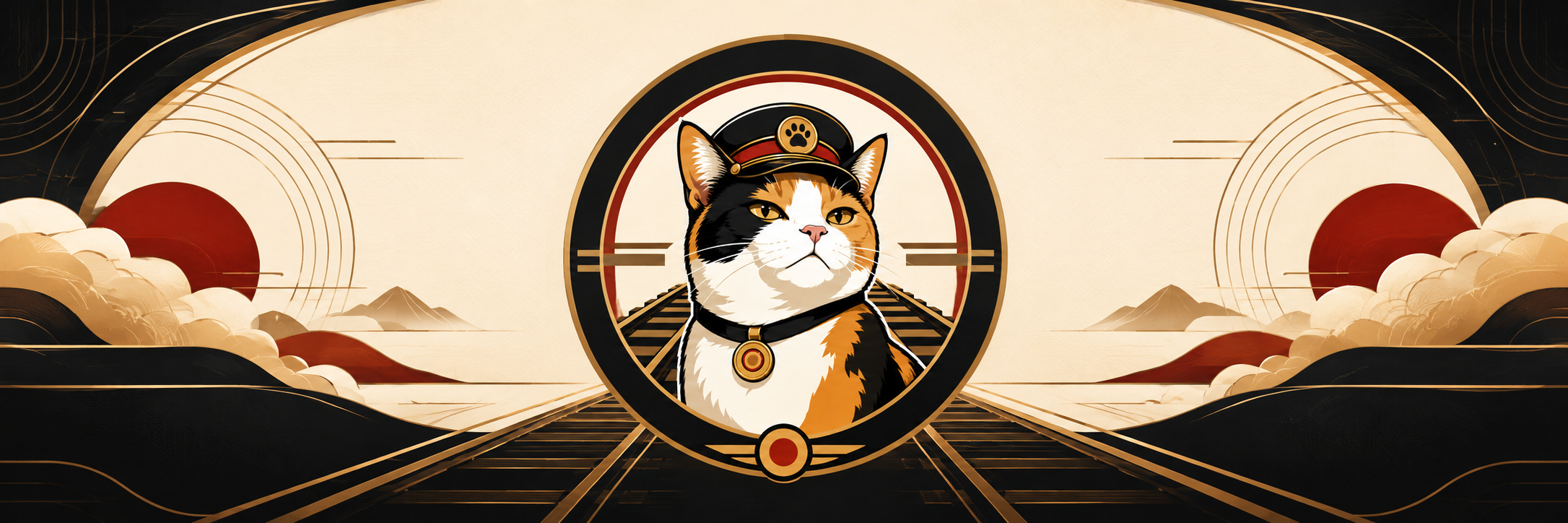 The Station Cat banner: the Tama stationmaster roundel centred between two Japanese red suns above converging railway tracks