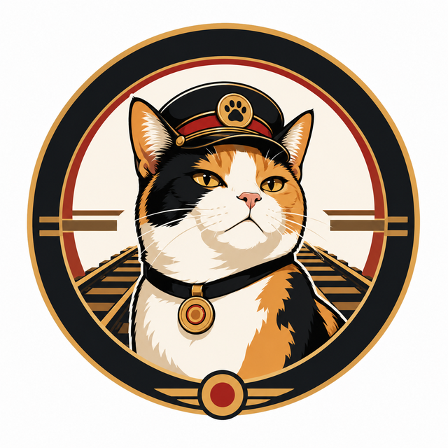 The Station Cat logo: Tama the calico stationmaster in a gold railway roundel